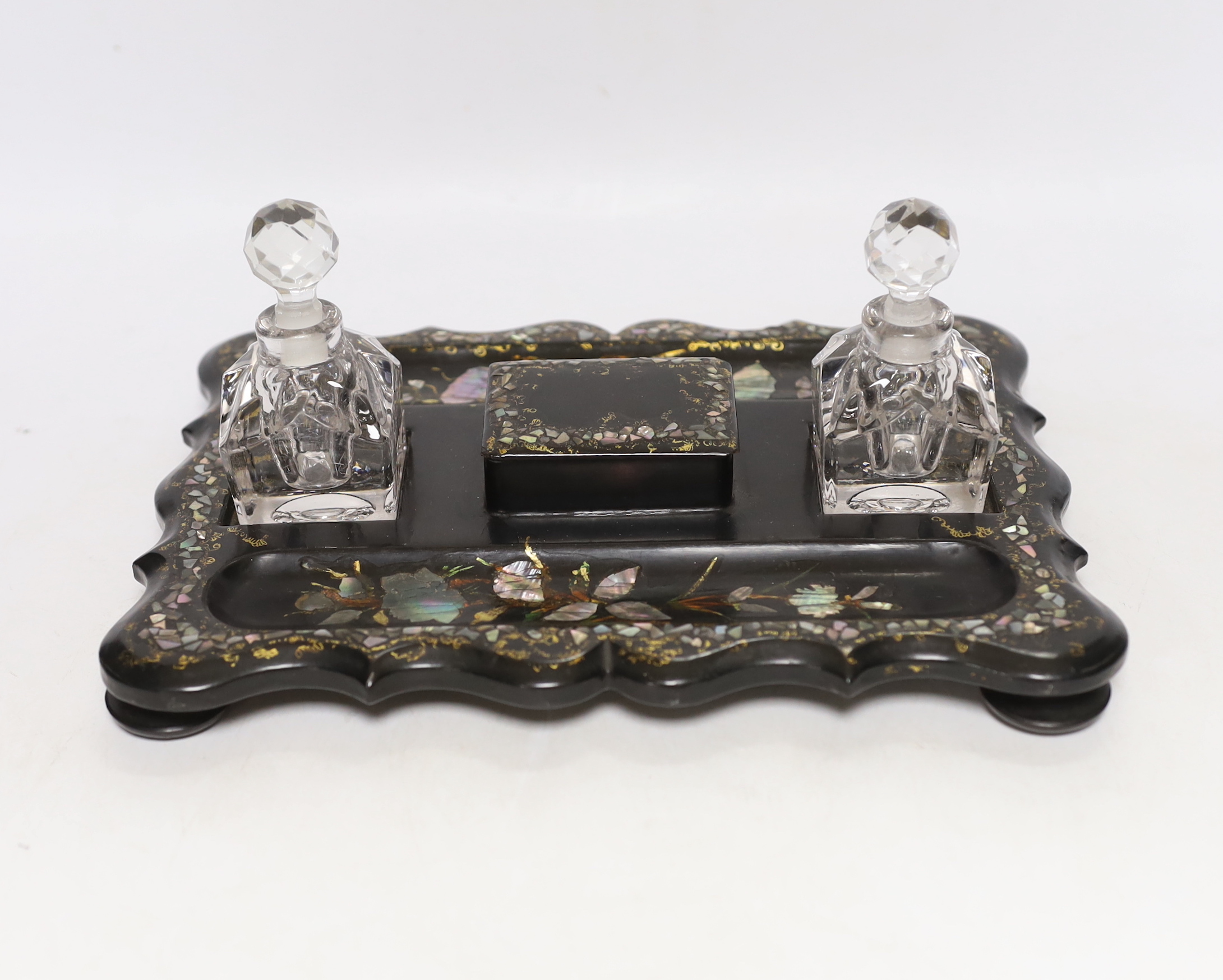 A Victorian papier mache ink stand, 26cm